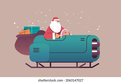 santa claus driving sleigh car with gifts merry christmas happy new year winter holidays celebration concept