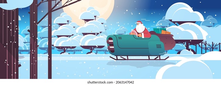 santa claus driving sleigh car with gifts merry christmas happy new year winter holidays celebration concept