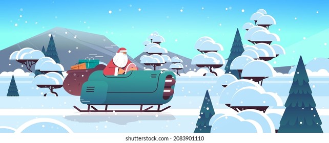 santa claus driving sleigh car with gifts merry christmas happy new year winter holidays celebration concept