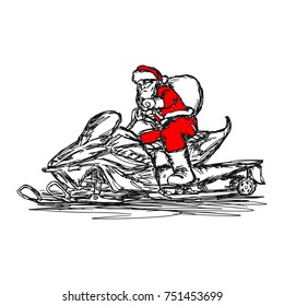 Santa Claus driving snowmobile vector illustration sketch hand drawn with black lines, isolated on white background