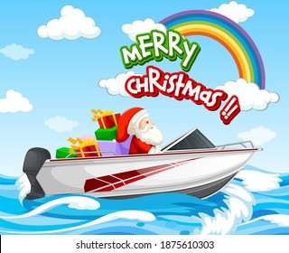 Santa Claus driving speed boat in the sea scene with Merry Christmas font illustration