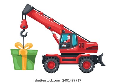 Santa Claus driving a telescopic crane on wheels lifting a gift box. Merry christmas. Celebrating the beginning of a happy new year. Heavy machinery in the construction industry