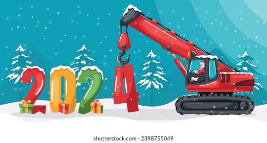 Santa Claus driving a telescopic crawler or chain crane placing the year 2024. Christmas winter with snow. Celebrating the beginning of a happy new year. Heavy machinery in the construction industry