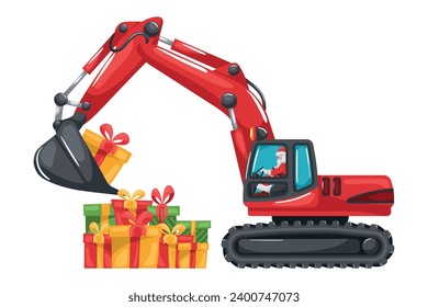 Santa Claus driving a tracked or crawler excavator loading boxes of gifts. Merry christmas. Celebrating the beginning of a happy new year. Heavy machinery in the construction industry