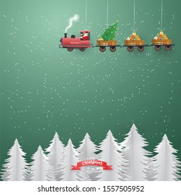 Santa Claus driving the train in the sky,Merry Christmas concept ,paper craft style and illustration