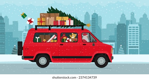 Santa Claus driving a van in the city streets and carrying Christmas gifts