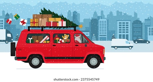 Santa Claus driving a van in the city streets and carrying Christmas gifts