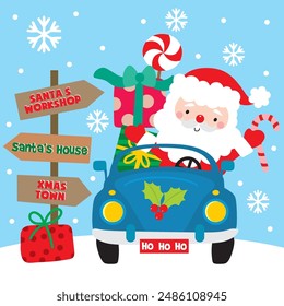 Santa Claus driving Xmas Car For Christmas Card or Bag design