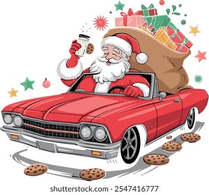 Papá Noel conduciendo el coche de Navidad. Santa Claus está conduciendo un coche de Navidad para una tarjeta de Navidad. Entrega de regalos en todo el mundo desde el mejor servicio. Santa Claus está conduciendo su coche con regalos y saludando.