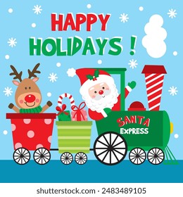 Santa Claus driving Xmas Train For Christmas Card or Bag design