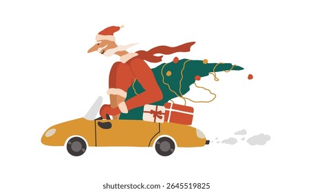 Santa Claus driving yellow car is loaded decorated Christmas tree, gift boxes. Happy character in hurry celebrate holiday Merry Christmas and New year. Isolated vector illustration on white background