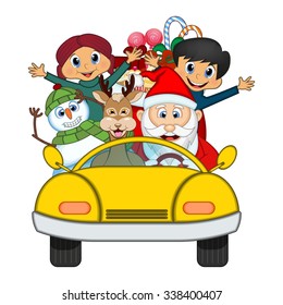 Santa Claus Driving a Yellow Car Along With Reindeer, Snowman And Brings Many Gifts Vector Illustration