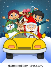 Santa Claus Driving a Yellow Car Along With Reindeer, Snowman And Brings Many Gifts With Full Moon At Night Background For Your Design Vector Illustration