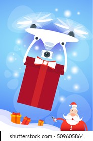 Santa Claus Drone Delivery Present, New Year Merry Christmas Holiday Flat Vector Illustration