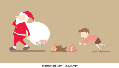 Santa Claus drop his gift and kid follow