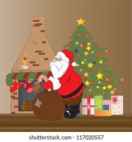 Santa Claus  dropping presents on Christmas night, vector illustration