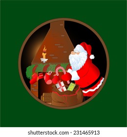 Santa Claus dropping presents on Christmas night. Christmas card.