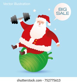 Santa Claus with dumbbell in hand. Santa Claus on fitness ball. Advertising fitness center, coaching services, sports events, video lessons, proper nutrition. Vector illustration on blue background