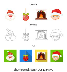 Santa Claus, dwarf, fireplace and decoration cartoon,outline,flat icons in set collection for design. Christmas vector symbol stock web illustration.