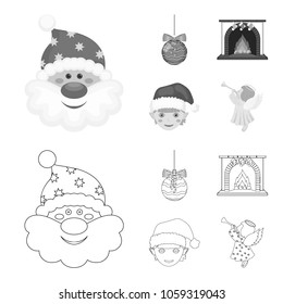 Santa Claus, dwarf, fireplace and decoration outline,monochrome icons in set collection for design. Christmas vector symbol stock web illustration.