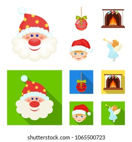 Santa Claus, dwarf, fireplace and decoration cartoon,flat icons in set collection for design. Christmas vector symbol stock web illustration.