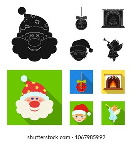 Santa Claus, dwarf, fireplace and decoration black, flat icons in set collection for design. Christmas vector symbol stock web illustration.