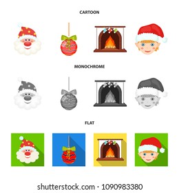 Santa Claus, dwarf, fireplace and decoration cartoon,flat,monochrome icons in set collection for design. Christmas vector symbol stock web illustration.