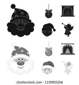 Santa Claus, dwarf, fireplace and decoration black,monochrom icons in set collection for design. Christmas vector symbol stock web illustration.