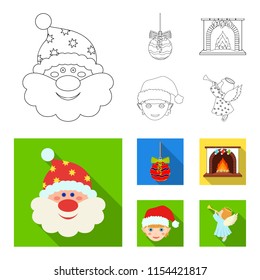 Santa Claus, dwarf, fireplace and decoration outline,flat icons in set collection for design. Christmas vector symbol stock web illustration.