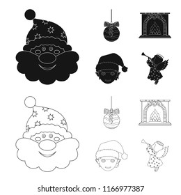 Santa Claus, dwarf, fireplace and decoration black,outline icons in set collection for design. Christmas vector symbol stock web illustration.