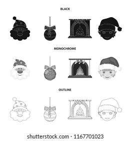 Santa Claus, dwarf, fireplace and decoration black,monochrome,outline icons in set collection for design. Christmas vector symbol stock web illustration.