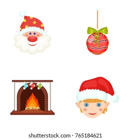 Santa Claus, dwarf, fireplace and decoration cartoon icons in set collection for design. Christmas vector symbol stock web illustration.