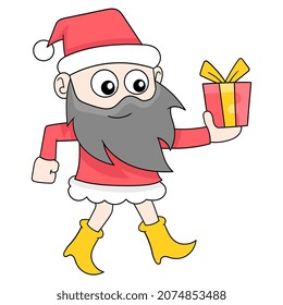 The Santa Claus Dwarf Is Walking Carrying Christmas Gifts, Vector Illustration Art. Doodle Icon Image Kawaii.