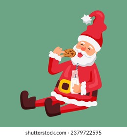 Santa Claus is eating cookies and drinking milk. Vector illustration isolated on background.