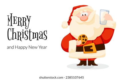 Santa Claus is eating cookies and holding a glass of milk. Flyer for seasonal food offerings. Santa Claus Christmas and New Year illustration. Special Christmas menu