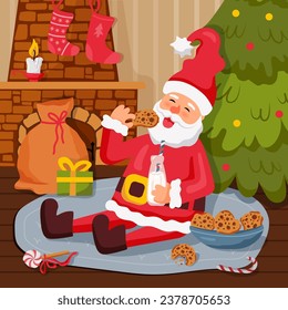 Santa Claus está comiendo galletas de pan de jengibre y bebiendo leche. Ilustración vectorial.