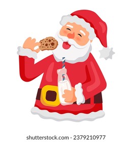 Santa Claus is eating gingerbread cookies and drinking milk. Vector illustration on white background.