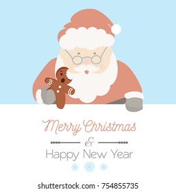 Santa Claus eating gingerbread man  Merry Christmas   Happy New Year message vector 