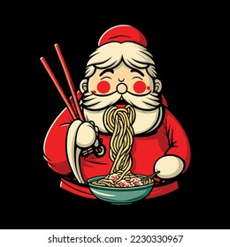 Santa Claus eating noodles icon shape. A Christmas cartoon illustration of Santa Claus ready for his Christmas meal Pop art retro vector illustration.