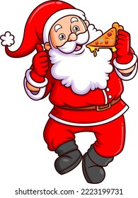 The santa claus is eating very delicious pizza and giving thumb up of illustration