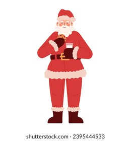 Santa Claus eats cookies and drinks milk. Cute Santa illustration isolated on white background. Hand drawn christmas character