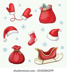 Santa Claus elements Christmas collection: red sleigh, hat, bag, socks, gloves.