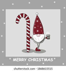 Papá Noel o un elfo con barba y sombrero con pepino se apoya en un chupete o dulce de Año Nuevo y sostiene café caliente en su mano alrededor de una ilustración vectorial estrella año nuevo saludo de Navidad