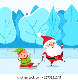 Santa Claus and elf cartoon character on sleigh walking in winter park. Christmas holiday card with funny winter fairy heroes going near snowy fir-trees. Festive card with Xmas kids in forest vector