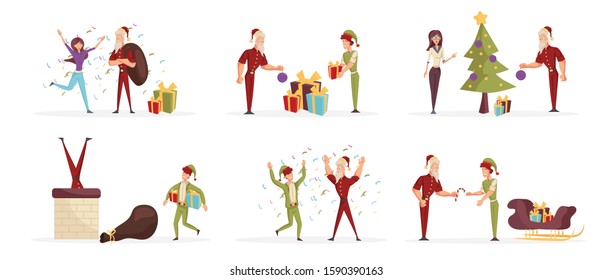 Santa claus and elf cartoon characters set. Cheerful men in traditional christmas outfits delivering presents flat vector illustrations pack. Happy people celebrating new year, winter holiday