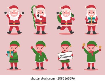 Santa Claus and elf characters in various poses and scenes. Merry Christmas cutout element Holiday cards, invitations and website  celebration decoration. Vector illustration