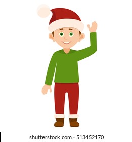 Santa Claus elf, christmas kid  isolated on white background. vector character dressed as a elf raised a hand in greeting. 