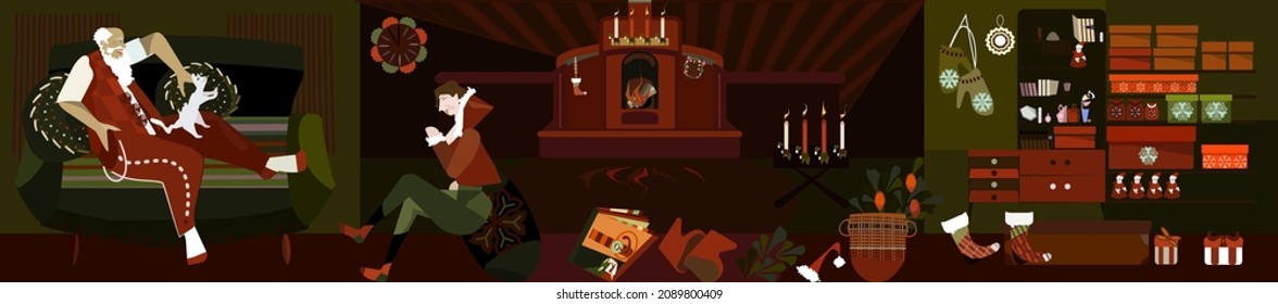 Santa Claus  and  elf in cozy home.Living room with Christmas tree, sofa and the fireplace.Happy new year and merry christmas.Comfy lifestyle.Flat vector illustration.