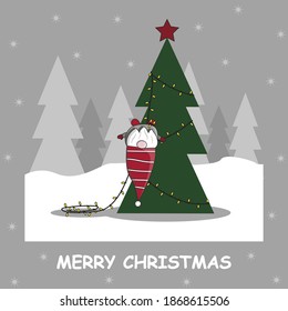 Santa Claus elf decorates a christmas tree with a red star and hangs on a tree on a garland with lanterns in the forest against a background of snow, trees and the starry sky vector illustration new y