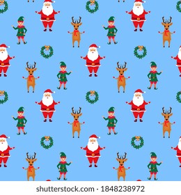 Santa claus , elf and deer. Christmas and New Year's seamless pattern